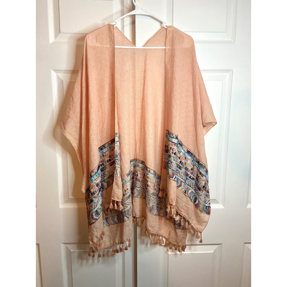 Peach Pink Embroidered Tassel Kimono Wrap Open Front Boho Cover Up OS
